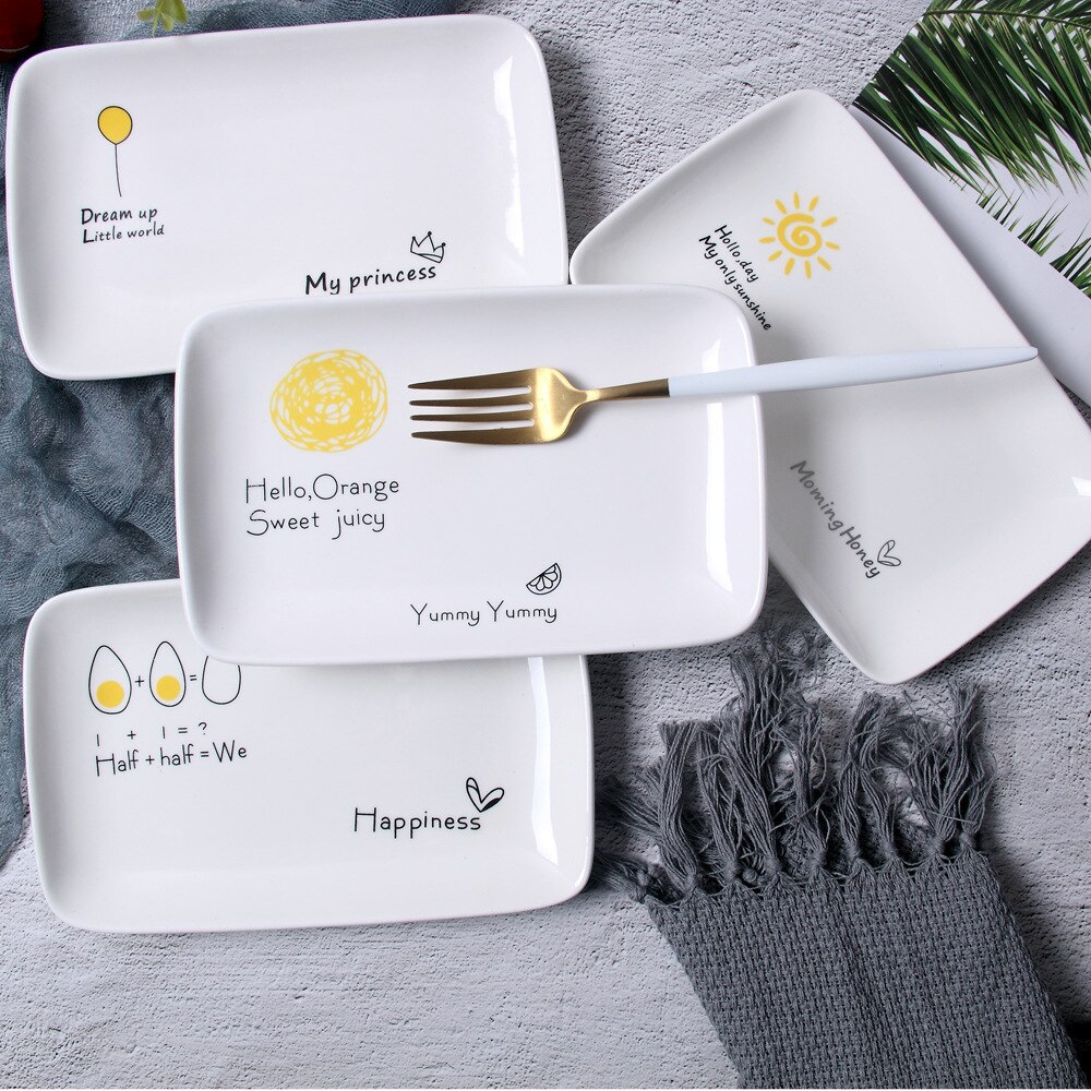 8 Inch Square Cute Ceramic Plate Unique Dinner Set Dish Dessert Plate Dinnerware Cake Tray Good Morning