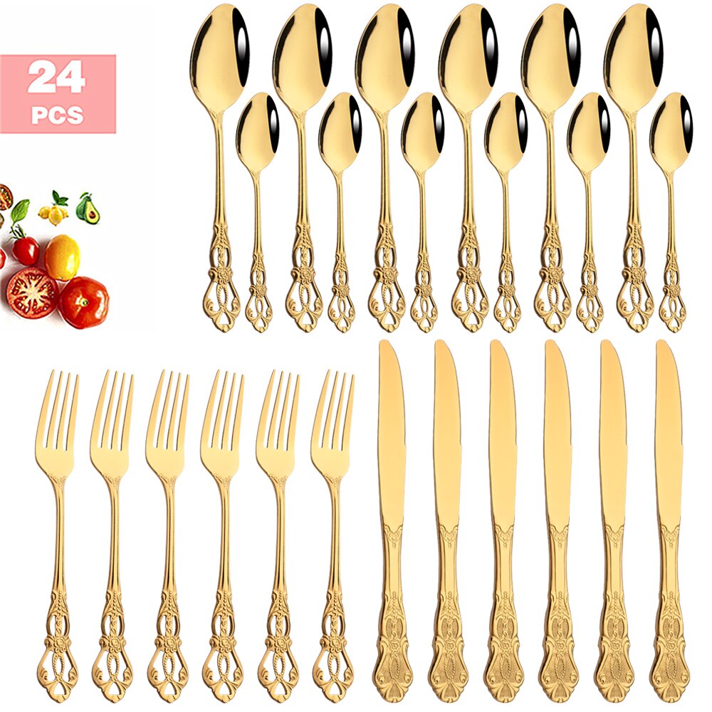 6-24pcs Luxury Wedding Silverware set Silver Dinnerware Knife Fork Tea Spoon Retro Kitchen Flatware Tableware Cutlery Rack Set: 24Pcs Gold