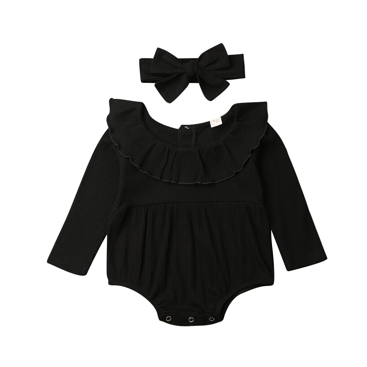 Vêtements pour bébés filles, vêtement de printemps et automne, combinaison à volants tricoté à manches longues, couleur unie, ensemble + bandeau,: Black / 3M