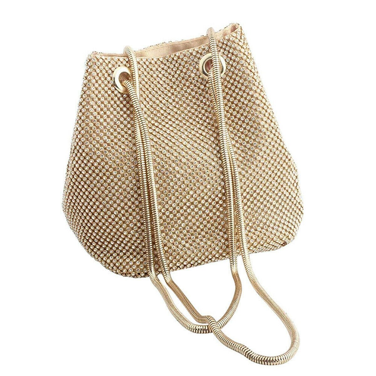 Dam satin strass kedja sträng hink messenger bag dam kväll bankett axelväska: Guld-