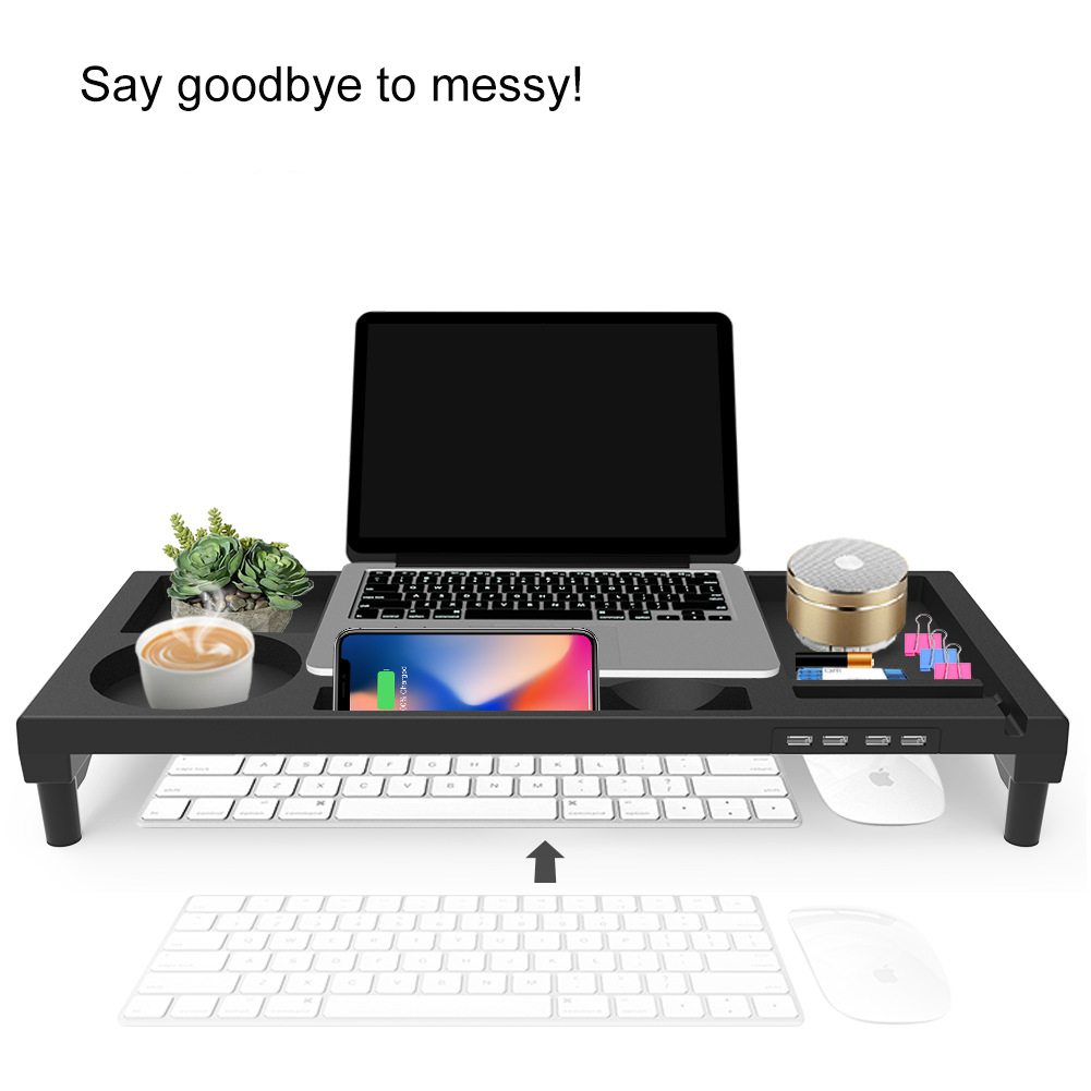 Soporte elevado para Monitor, caja de almacenamiento plegable con cajón para auriculares, carga USB
