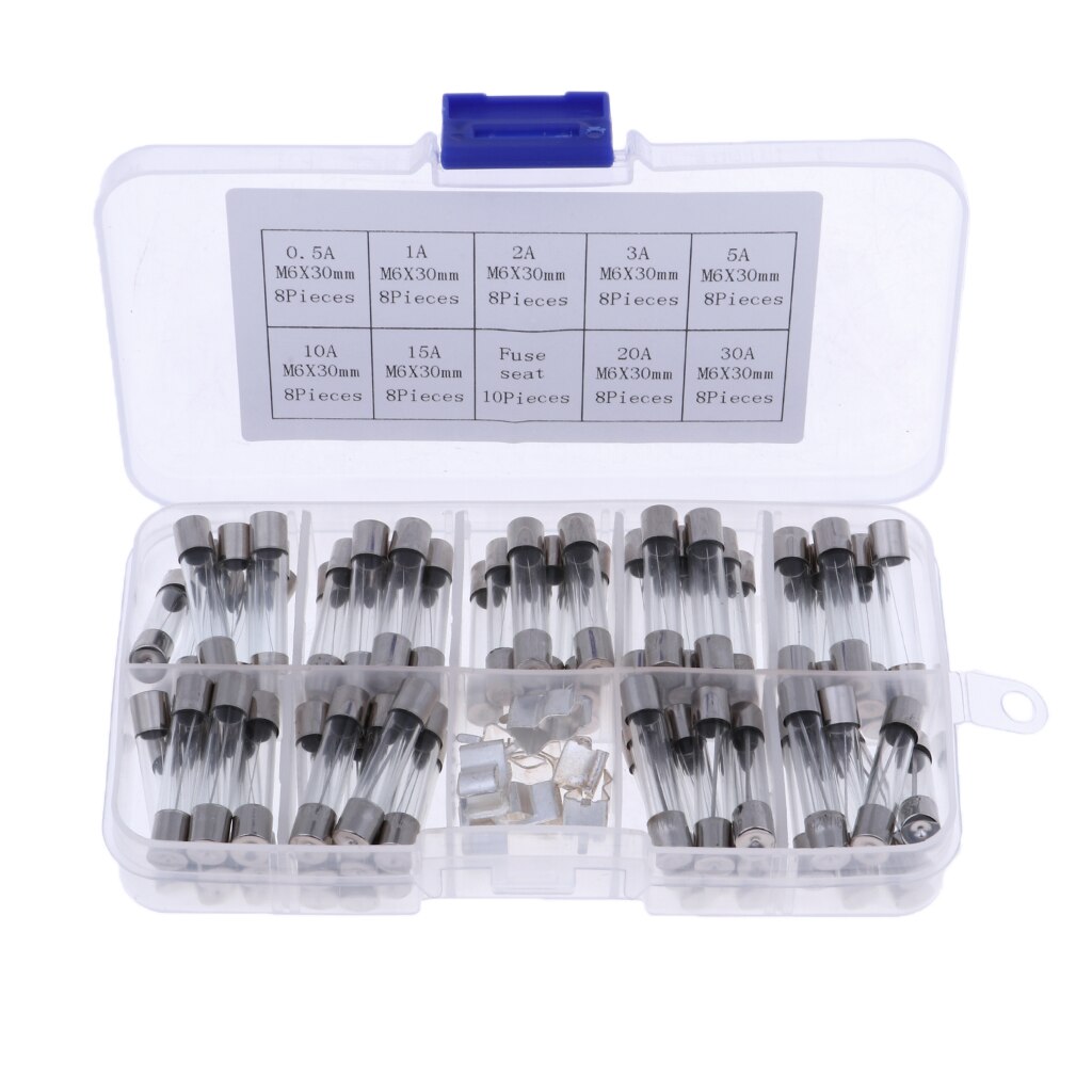 72- pack 6 x 30mm 0.5a-30a snelblazende glazen buiszekeringen kits voor elektronica zekering diverse kits doe-het-zelf snelblazende glazen buis