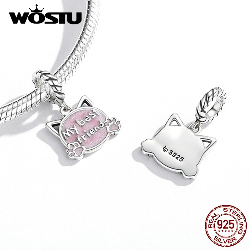 WOSTU argento Sterling 925 gatto rosa scritta il mio migliore amico fascino perline misura braccialetto originale gioielli fai da te CTC519