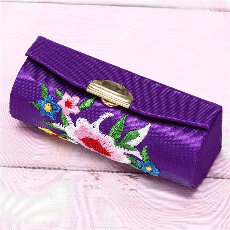 Holder Flower Lipstick Case Retro Embroidered With Mirror Jewelry Packaging Box: purple