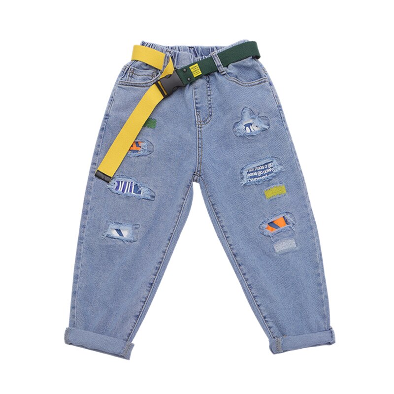 Children's Ripped Jeans for Girls Kids Casual Denim Trousers with Belt Teen Girl Pants For Age 4 5 7 9 11 13 Years: 4