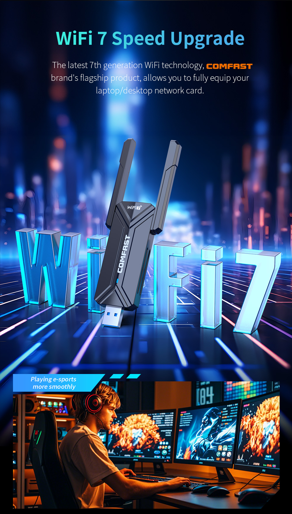 COMFAST USB Wifi 7 Adapter 6500M 6G&5G&2.4G Receptor Wifi Para Pc RTL8912AU 2 Antenna Wi Fi Adaptador Driver Free for Win10/11