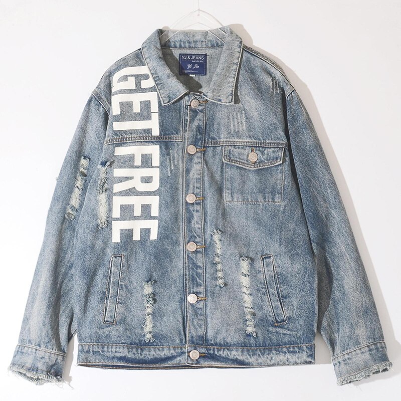 Men's Streetwear Hip Hop Denim Jacket Long Zippers Letter Jeans Jacket Distressed Hole Casual Outwear Cowboy Coats