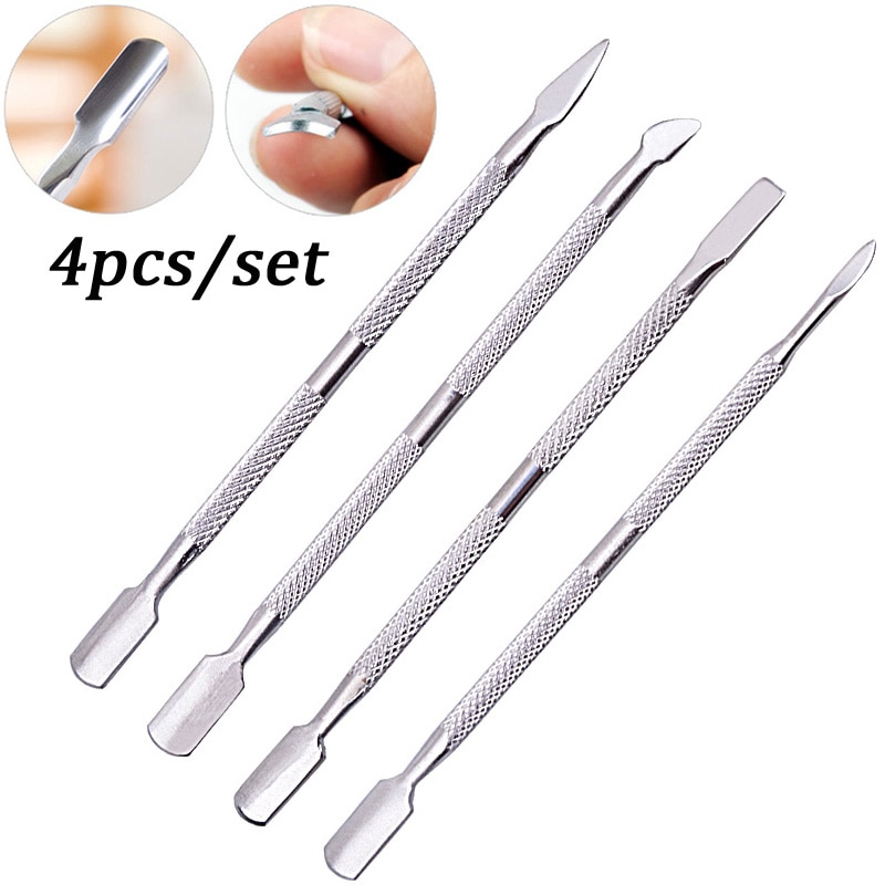 Juego de Herramientas de acero inoxidable para manicura y pedicura, Juego de 4 unids/set, cuchara de doble punta para empujador de uñas, limpiador de cutículas