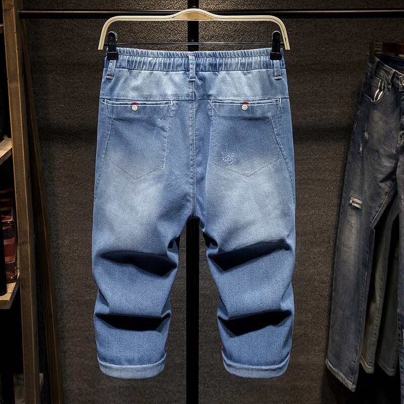 Plus size 5xl 6xl 7xl himmelblå mænd løse korte jeans sommer avanceret stretch casual denim cropped bukser mandligt mærke