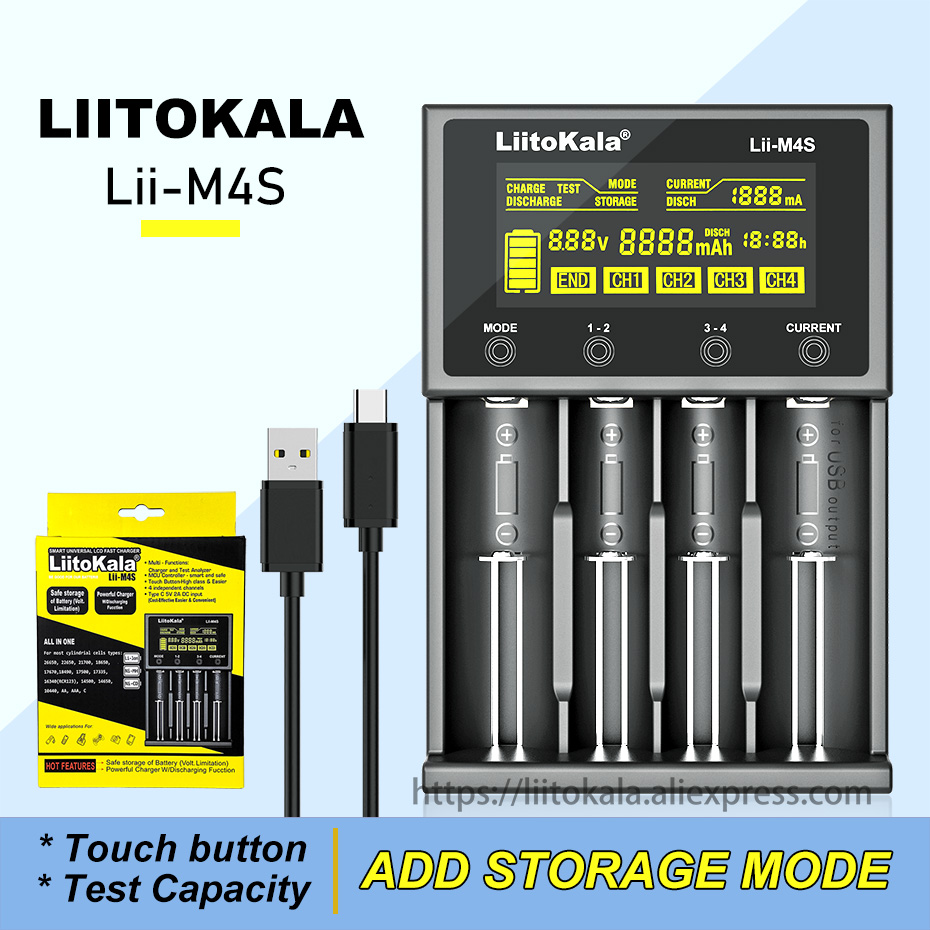 Liitokala Lii-M4S Lii-500 Lii-PD4 Lii-500S LCD 3.7V 18650 18350 18500 21700 20700 14500 26650 AA NiMH Lithium-Battery Charger: Yellow