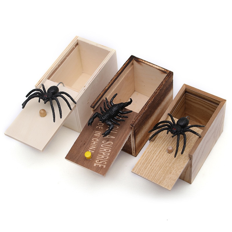 Grappige Schrikken Doos Houten Prank Spider Verborgen In Case Grote Prank-Houten Scarebox Interessante Spelen Trick Joke speelgoed