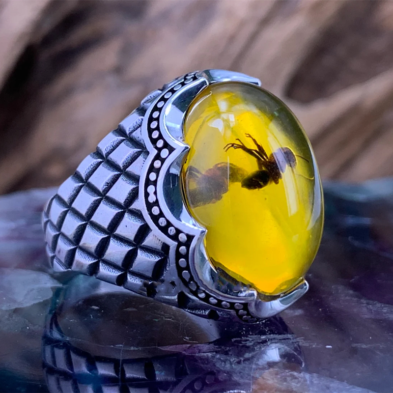 Vintage Grote Ovale Natuurlijke Agaat Ringen Heren Vintage Ingelegd Geel Amber Mier Ringen Voor Bruiloft Sieraden