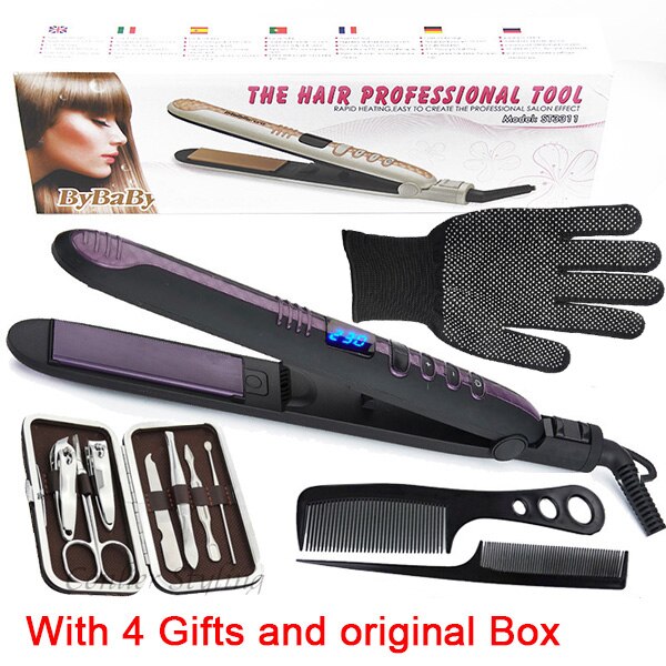 3311 LCD affichage Tourmaline plaques de revêtement en céramique fer plat fers à lisser outils de coiffage défriser les cheveux: With 4 gifts and box / LES USA
