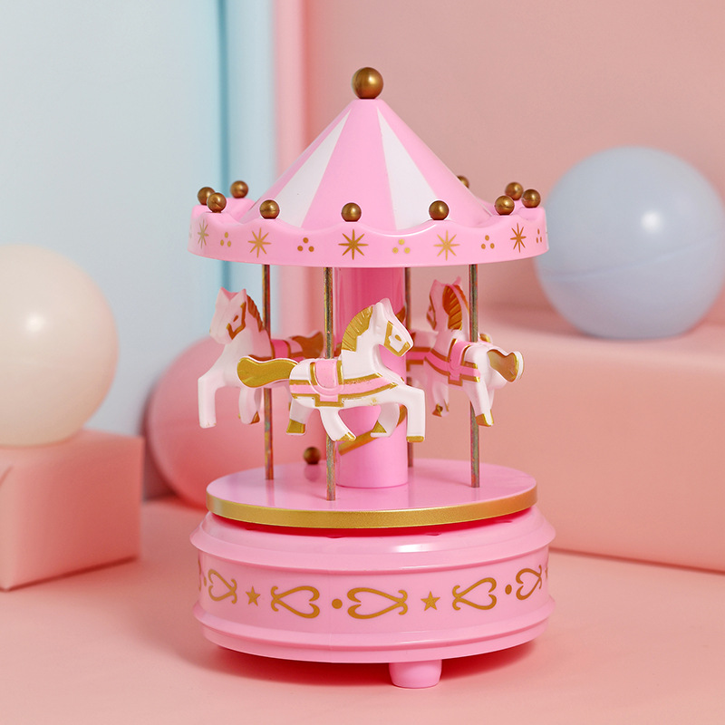 Cajas de música de carrusel, caja de música automática de caballo de madera, artesanal para estudiantes, caja de música Diy, de cumpleaños, juguete para niños, decoración del hogar: pink with light