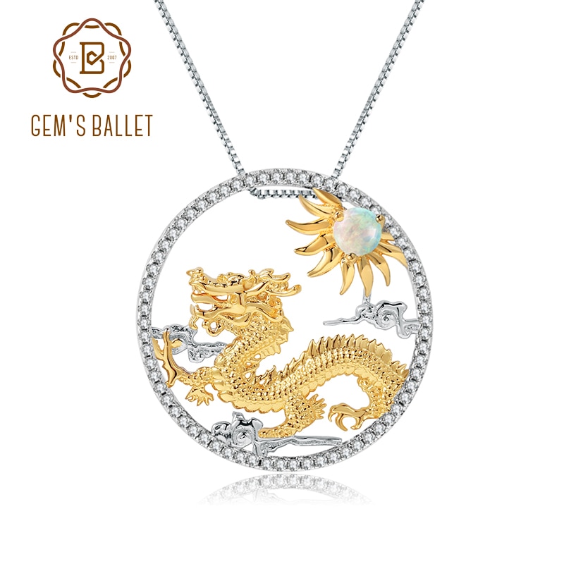 GEM'S BALLET Natural African Opal Gemstone Chinese Zodiac Jewelry 925 Sterling Silver Flying Dragon Pendant Necklace For Women