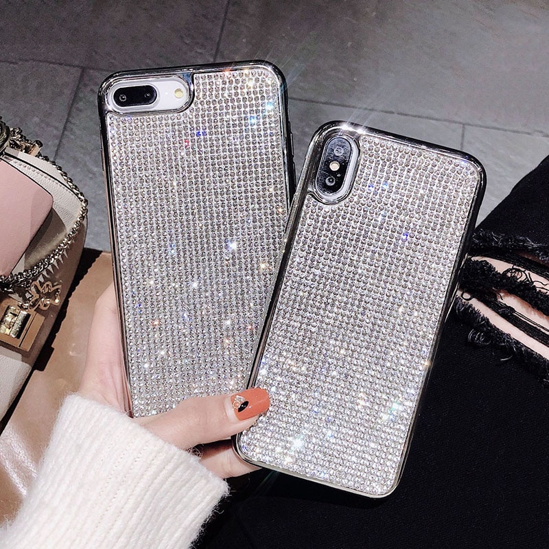 Luksusowe etui z kryształem górskim dla iphone 7 6s 8 X okładka pełne ciało diamentowe Bling etui na telefony dla XR XS Max lśniący brokat tylna okładka