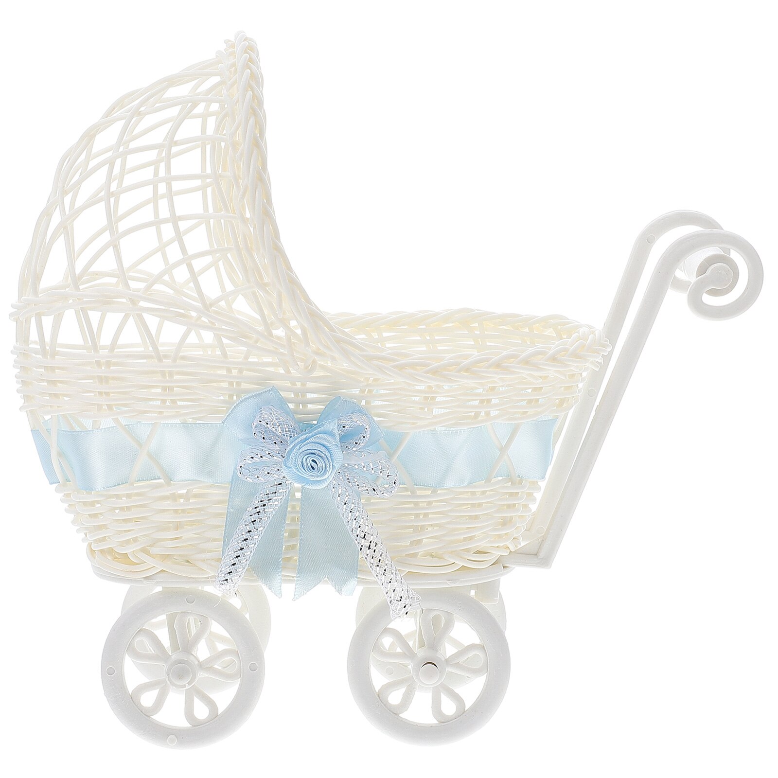 1Pc Plastic Bloem Mand Met Kar Gesimuleerde Geweven Gebreide Wandelwagen Winkelwagen Cane Driewielers Wedding Party Photo Prop (Willekeurige kleur)