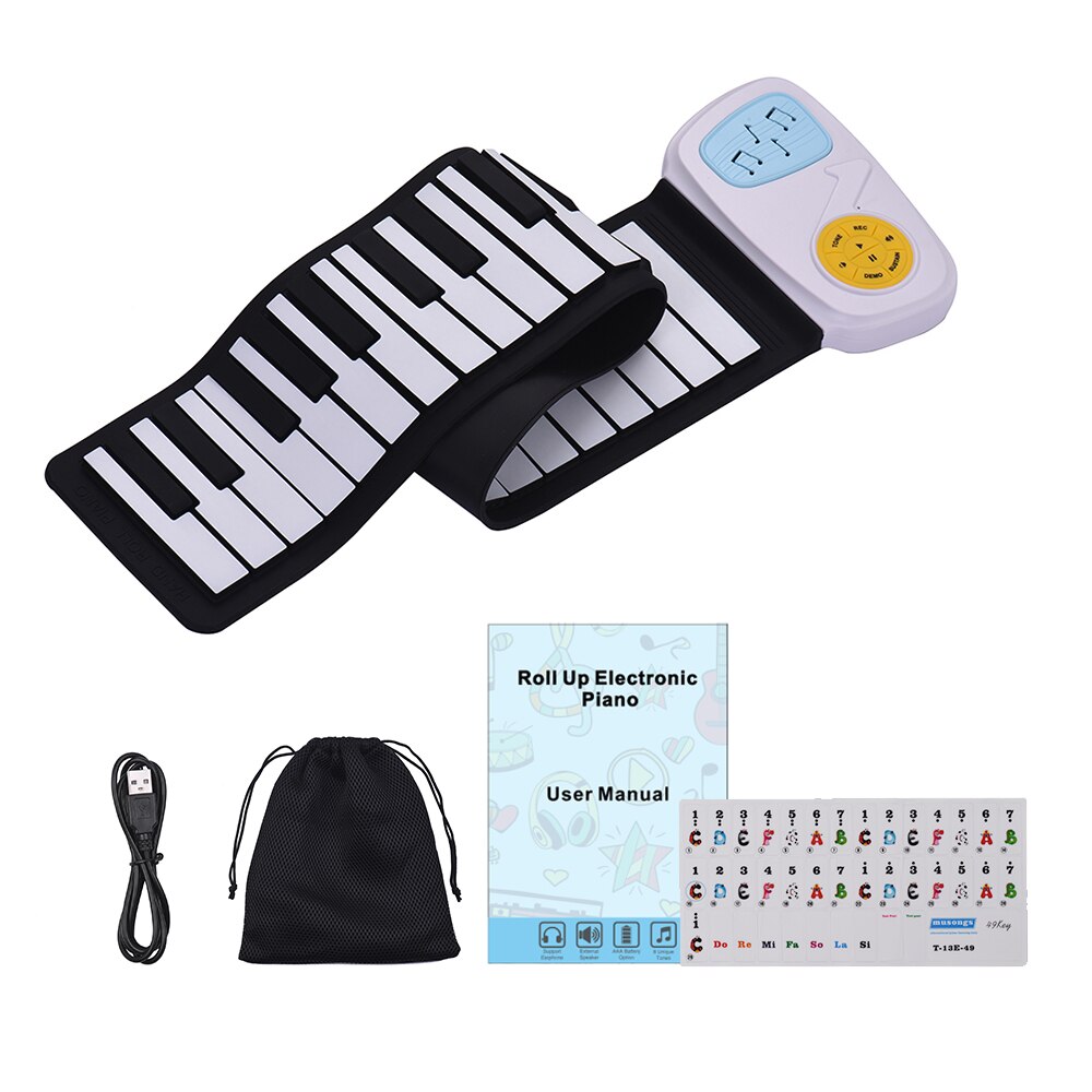 Teclado electrónico portátil de silicona de 49 teclas, altavoz integrado de Piano enrollable con pegatina de dibujos animados para niños