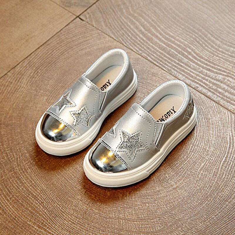 Kids Shoes Boys Girls Shoes Glitter Star Sneakers PU Leather Loafers Casual Sneakers Shoes Boys Girls: Silver / 30