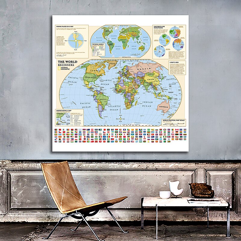 60*60cm The World Map Wall Art Canvas Painting Unframed Prints School Teaching Supplies Home Living Room Decoration