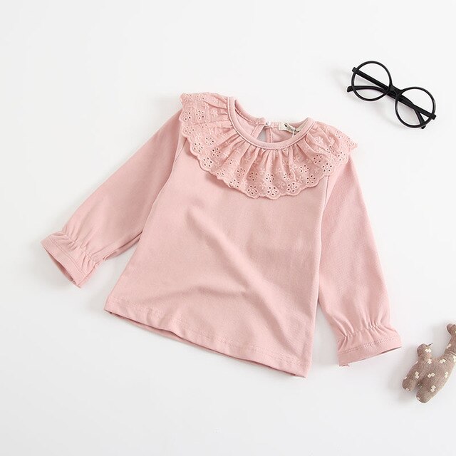 Peuter Baby T-shirt Kinderen Herfst Katoen Turn-Down Kraag Blouse Lange Mouw Sweatshirts Voor Meisjes: pink / 9M