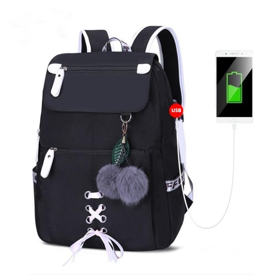 Femme Usb sac à dos enfants sacs à dos école sac à dos pour filles sac Pack Junior lycée sacs pour filles sac à dos pour ordinateur portable: Full Black