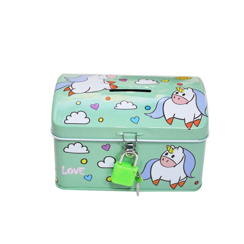Printed Tin Piggy Bank Cartoon Piggy Bank Cute Piggy Bank with Lock: Green