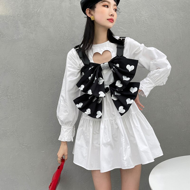 Jurk + Vest Tweedelige Sets Vrouwen Retro Wit Hart Hollow Out Lange Mouwen Jurken Sweet Leuke Boog Vest Streetwear Outfits