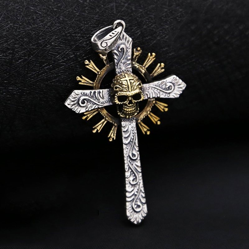 Cross Schedel Hanger 100% 925 Sterling Zilveren Vintage Ketting Hanger Mannen Vrouwen Punk Skull Cross Hanger Sieraden GP47