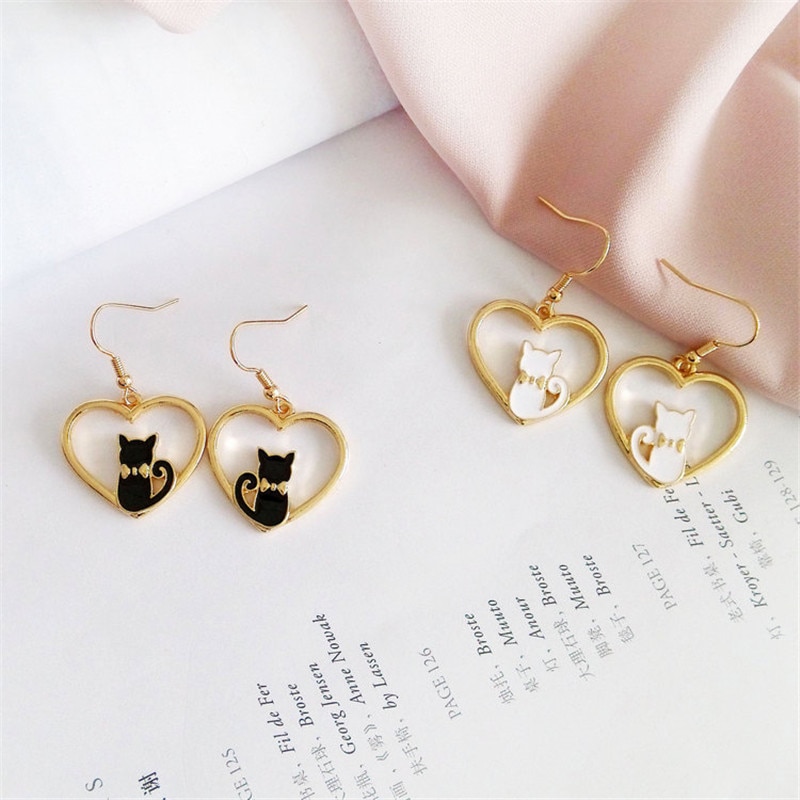 cartoon dieren kat hanger oorbellen vrouwelijke Metalen hart gouden oorbellen voor vrouwen fijne sieraden accessoires oorbellen