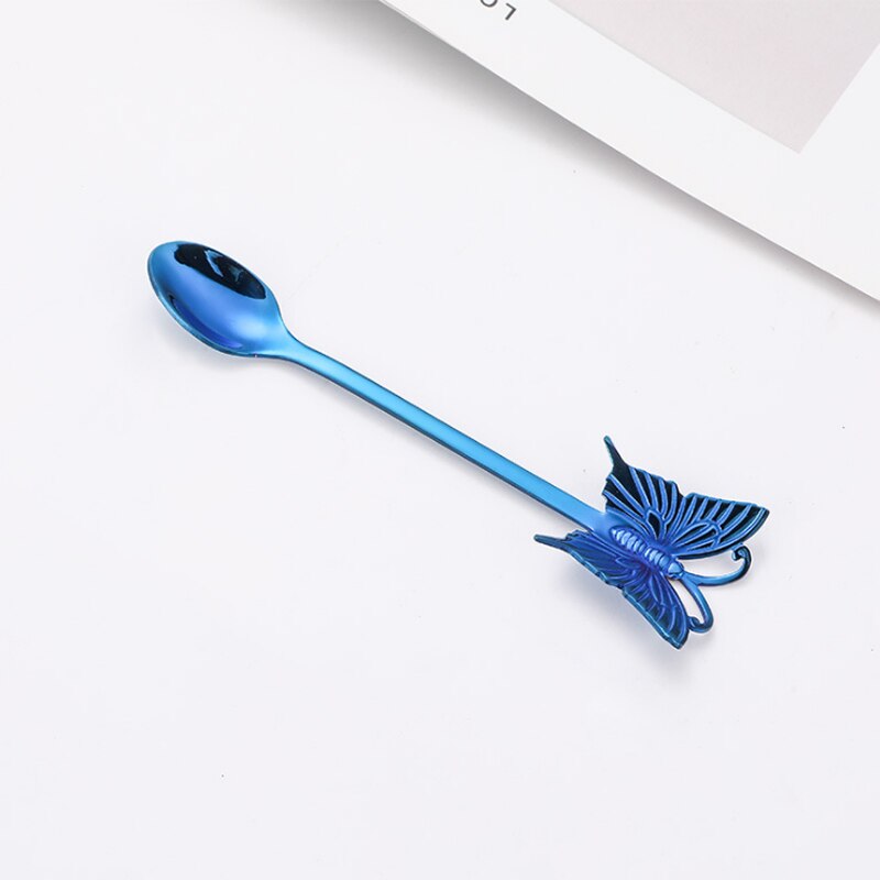 Cuillère à café en acier inoxydable 304, cuillère à café pour Dessert au sucre plaqué or, fourchette à fruits, polissage miroir poignée papillon, vaisselle 1 pièce: Blue Spoon
