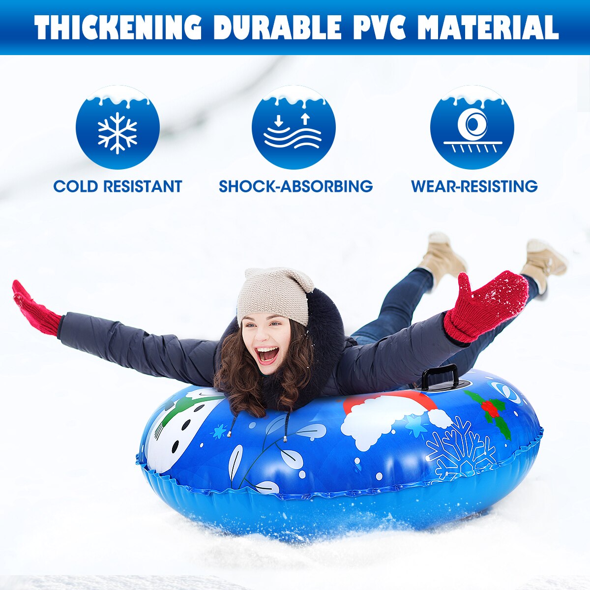 120cm PVC Inflatable Snow Tube Snow Sled Winter Snow Ring with Handles for Skiing Skating Snow Games(Blue Snowman Pattern)