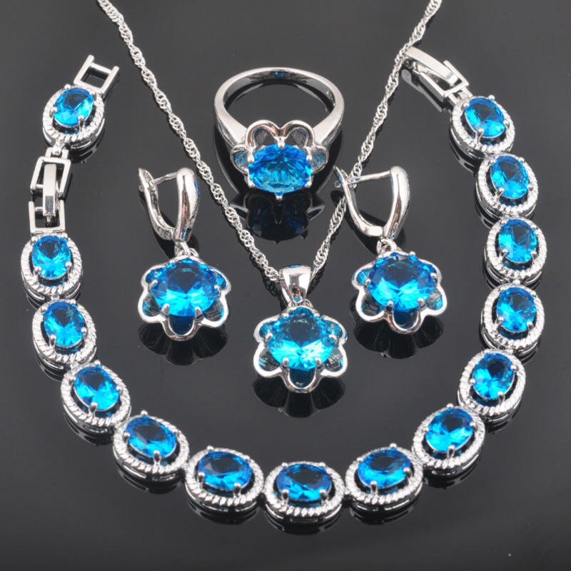 Bloem Voor Vrouwen Sieraden Sets Met Bracele Zilveren Kleur Sky Blue Zirconia Oorbellen Ketting Hanger Ring QS0134