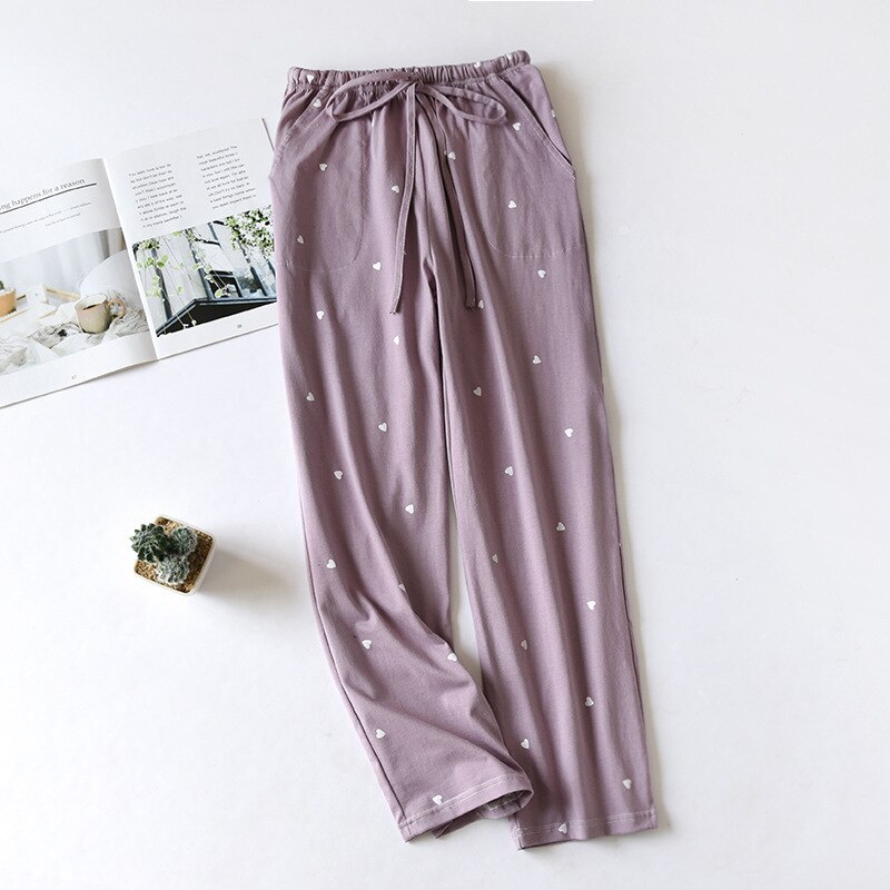 Pantalones de algodón de punto para mujer, pantalones de Casa bonitos de amor, de verano, finos, para dormir, para las cuatro estaciones: Morado / L