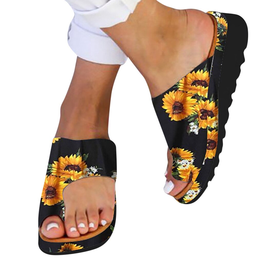 Womens Sunflower Print Sandals Flats Wedges Slipper Ladies Open Toe Beach Shoes Roman Slippers #ss