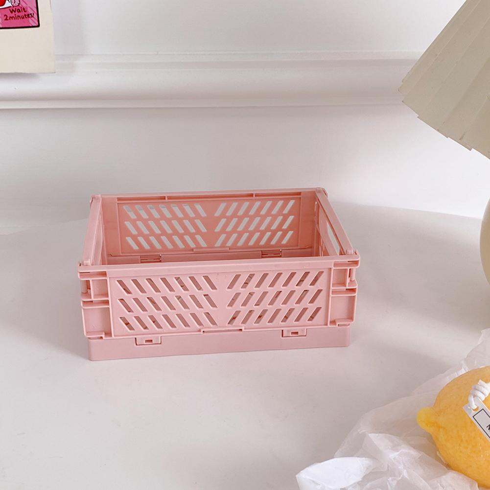 Mini Folding Plastic Storage Box Foldable Plastic Storage Case Desktop Carrying Basket: pink MINI