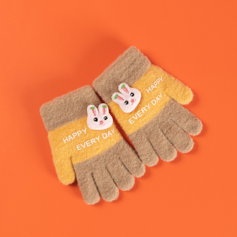 Wecute 12*6Cm Kind Winter Warm Handschoenen Voor Jongens Meisjes Kleuterschool Vijf-Vinger Handschoenen Gebreide Jacquard Leuke cartoon Zachte Kawai: Bruin