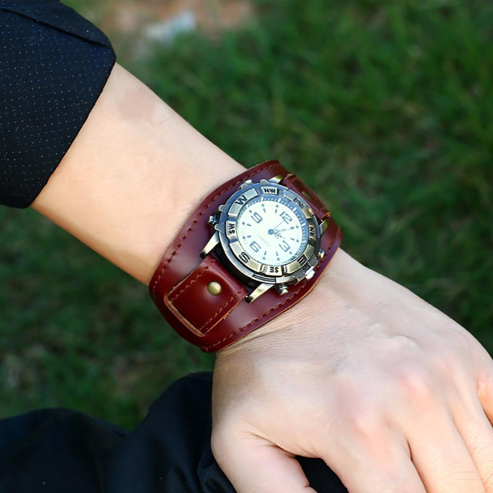Jahrgang Frauen Männer Punk Faux Leder Runden Zifferblatt Quarz Armbinde Armbanduhren