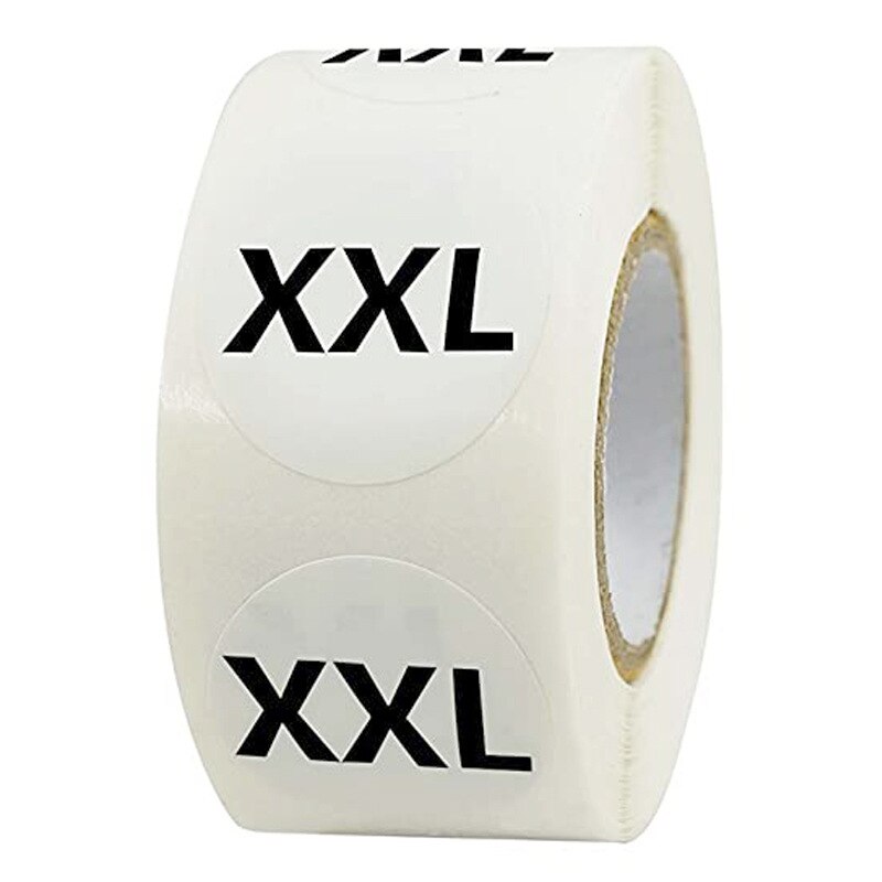 500 Pcs 1 Inch Kleding Maat Ronde Stickers Labels Wit Zelfklevende Stickers Met Zwarte Tekst 7 Kleding Maten, T Shirts Retail: XXL