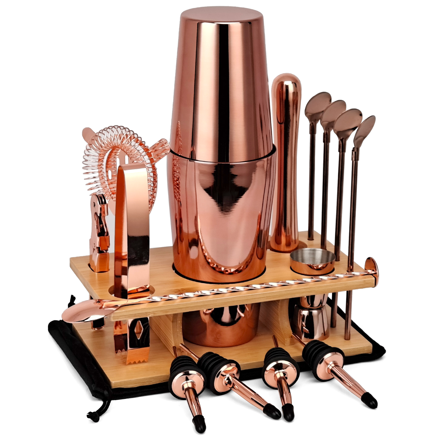 Barmann Bausatz,17-Stück Rose Gold Cocktail Shaker einstellen Mit Bambus Stehen, für Gemischte Getränke Martini Heimat Bar Werkzeuge Perfekte: Rose Gold Boston