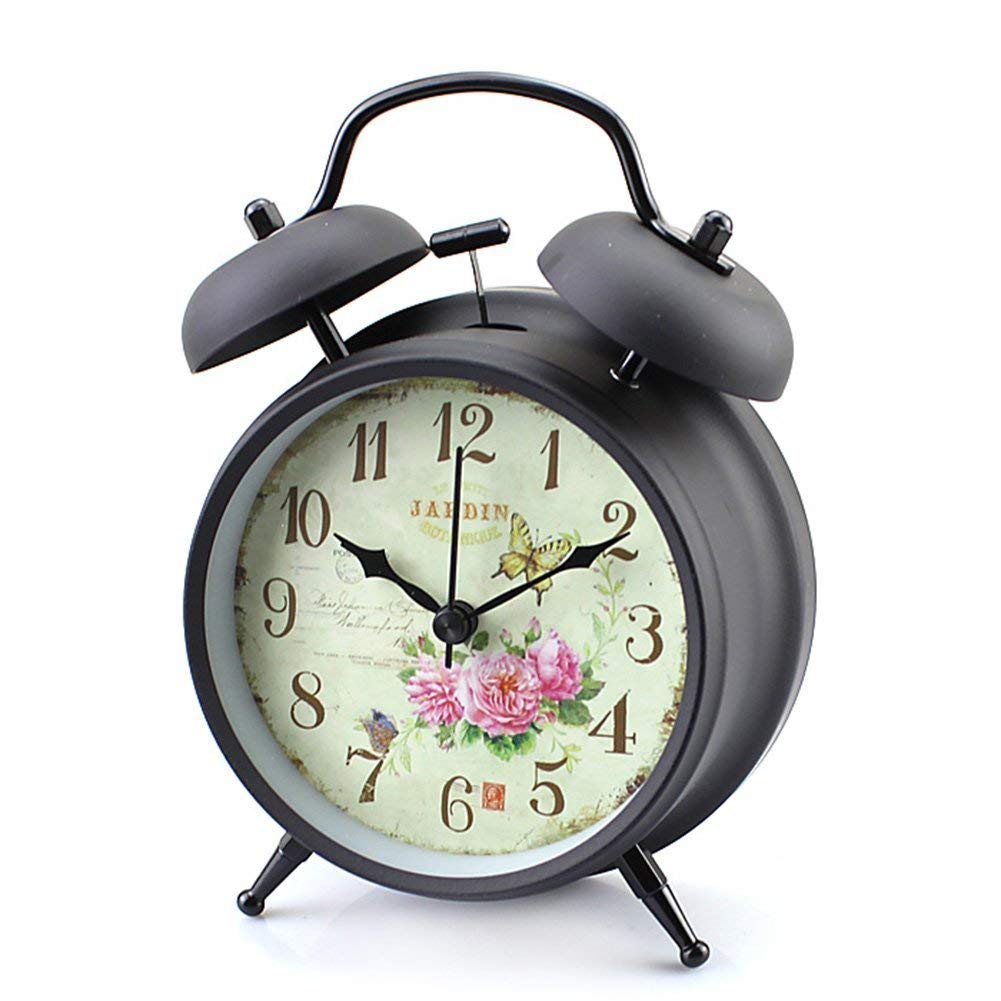 4 inch Retro Vintage Bedside Twin Bell Alarm Clock With Loud Alarm and Nightlight (Black Case - Roses)