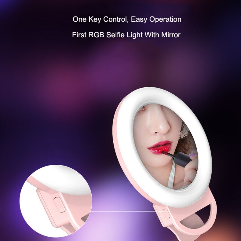 LED RGB Clip on Selfie Ring Light Rechargeable Battery ringlight for Smart Phone Camera Round Shape lighting hoops with mirror