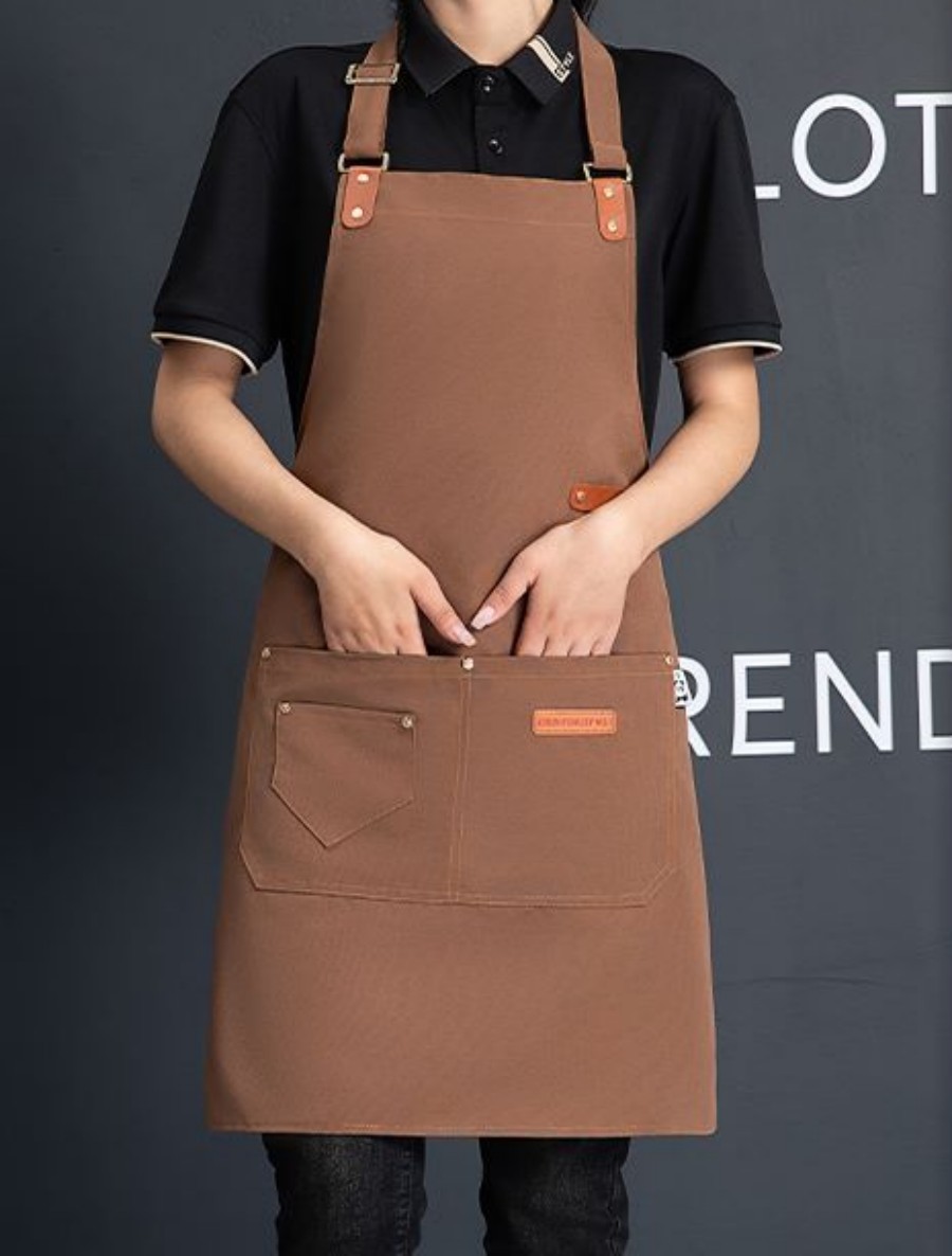 Delantales impermeables de lona para colgar en el cuello para hombres y mujeres, cocina para hornear, limpieza, peluquero, babero para manicura con bolsillos: Café