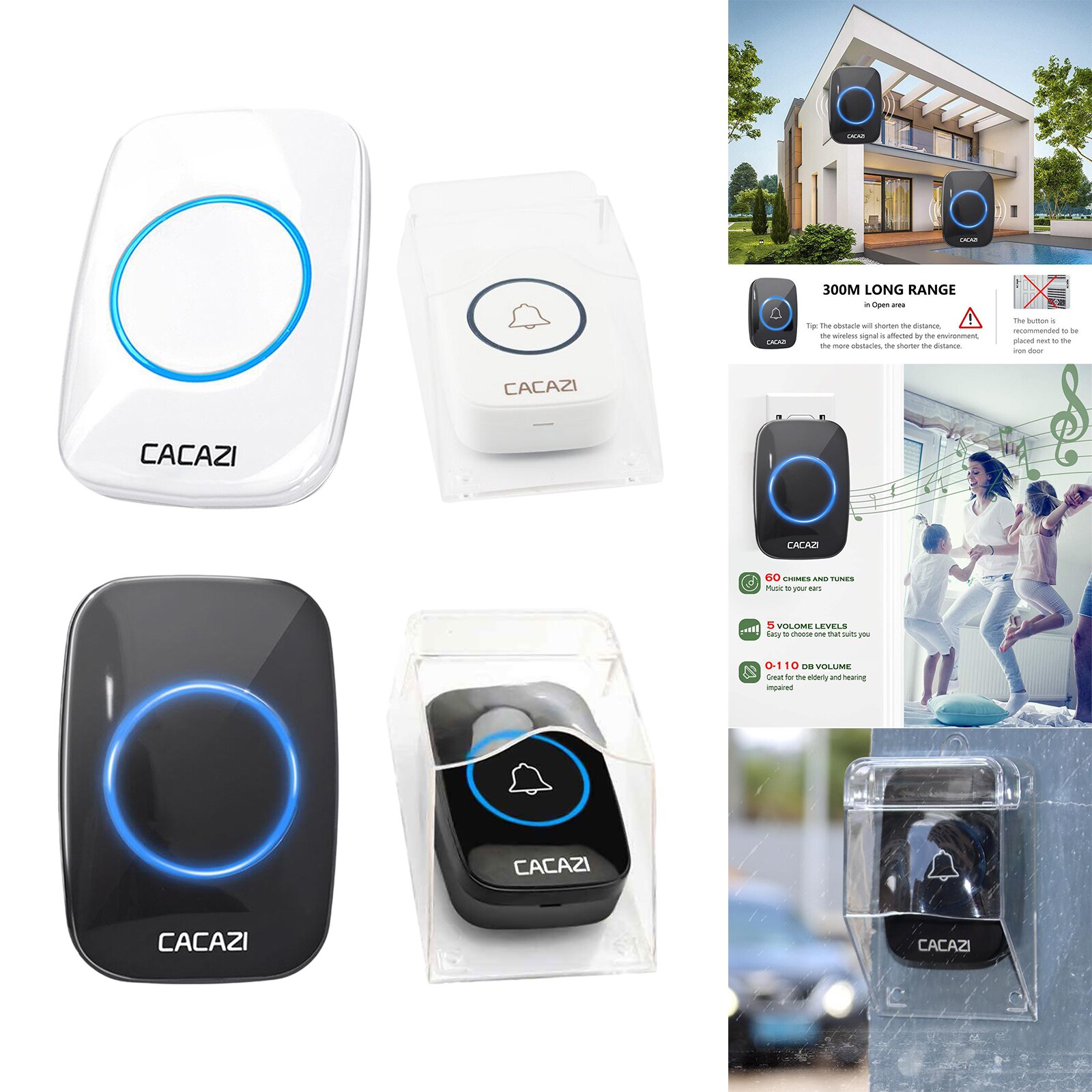 Wireless Waterproof Doorbell 300m Range EU Plug Home Intelligent Door Bell Chime 5 Volume Levels 60 Chimes for Home Office