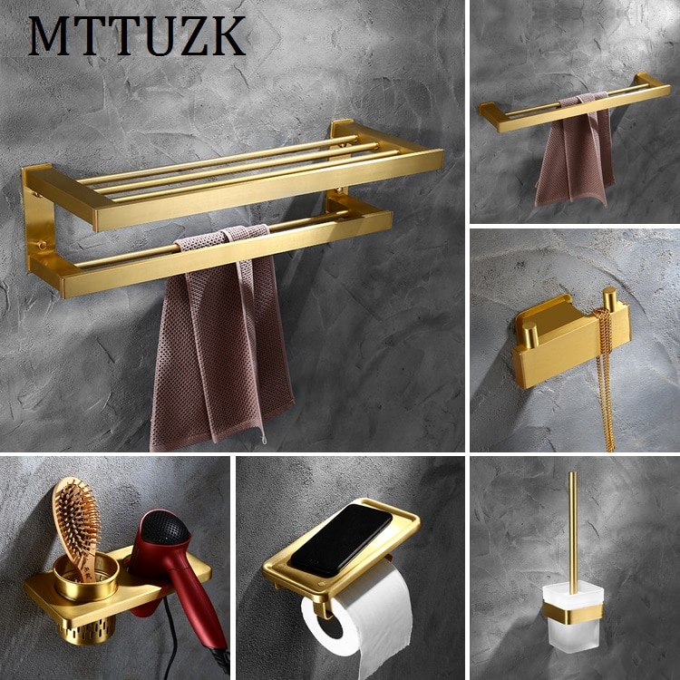 MTTUZK Solid Space aluminum towel rack,towel bar,Brushed Gold Bathroom Hardware Set,Robe hook,Toilet brush bathroom Accessories