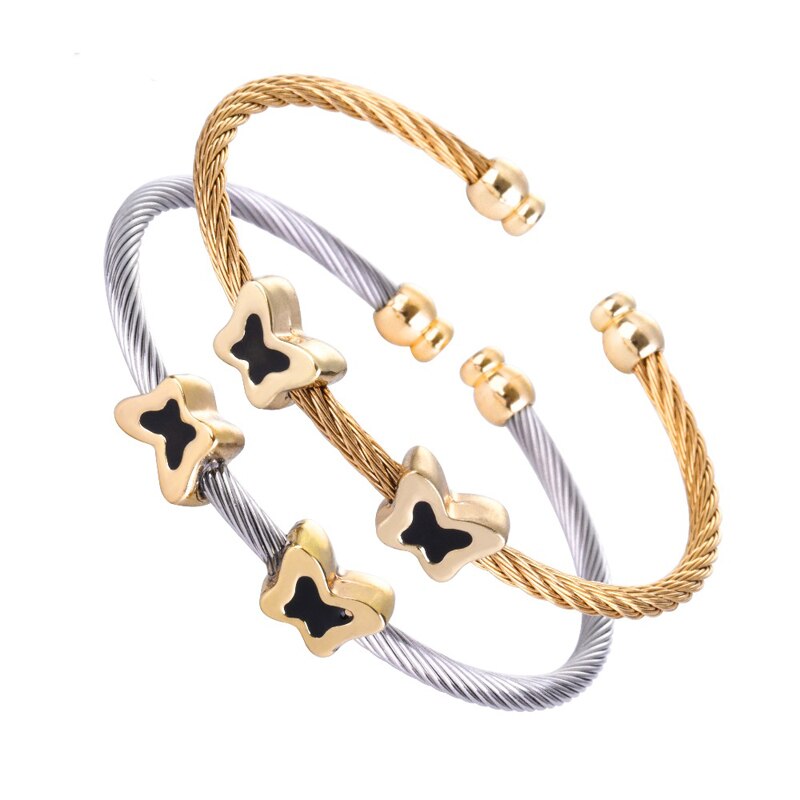 Chran Enamel Animal Designs Double Butterfly Stainless Steel Cable Bangle Jewelry Accessories