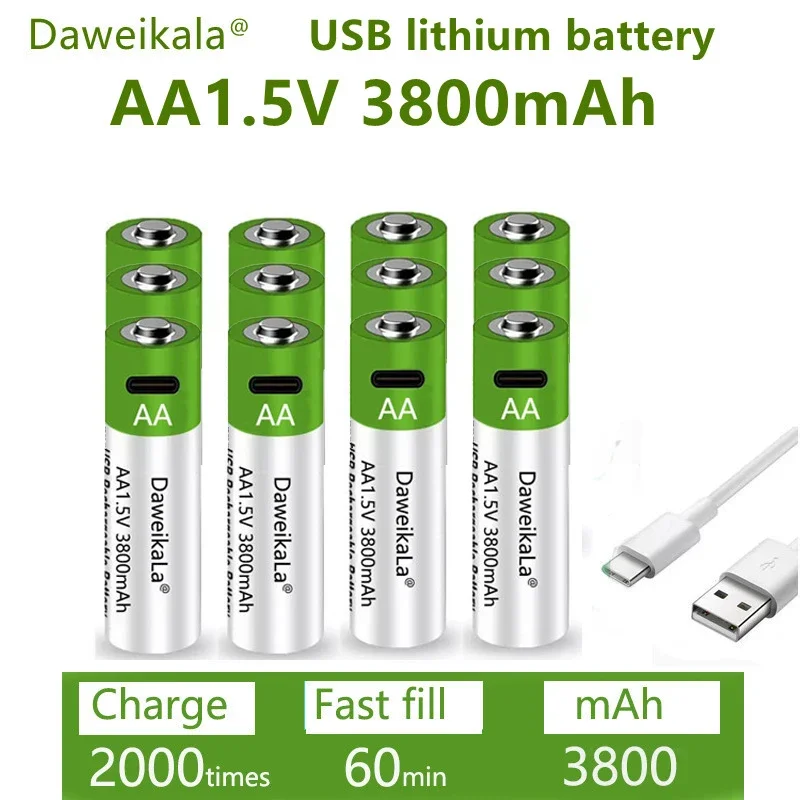 Fast charging 1.5 V rechargeable battery AA1.5V 3800 MAH lithium battery replacement LED flashlight, camera, keyboard and mouse