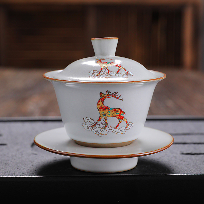 Traditions Chinese Gaiwan Ceramic Tea Sets PorcelainTeaware Tureen Sancai Authentic Tea Bowl Tea Cup and Tea Lid Set: C