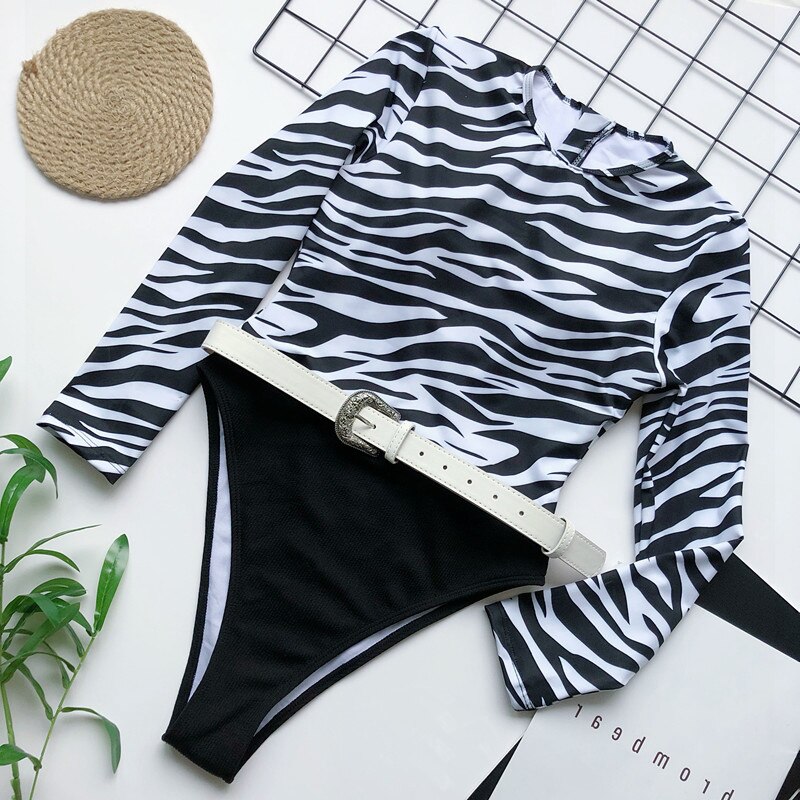 Vestito di un Pezzo A Vita Alta Costume Da Bagno Costume Da Bagno Costumi Da Bagno 2020 A Maniche Lunghe Vestito di Nuoto per Le Donne Rashguard Della Chiusura Lampo Surf: BKzebra / L