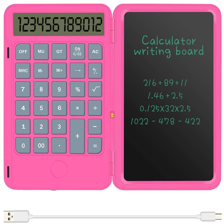 Zienstar Hand-Held Rechargeable Inkless Calculator With 6.5 Inch LCD Writing Tablet Lock Button and E-Pen,12 Digit Display: Pink